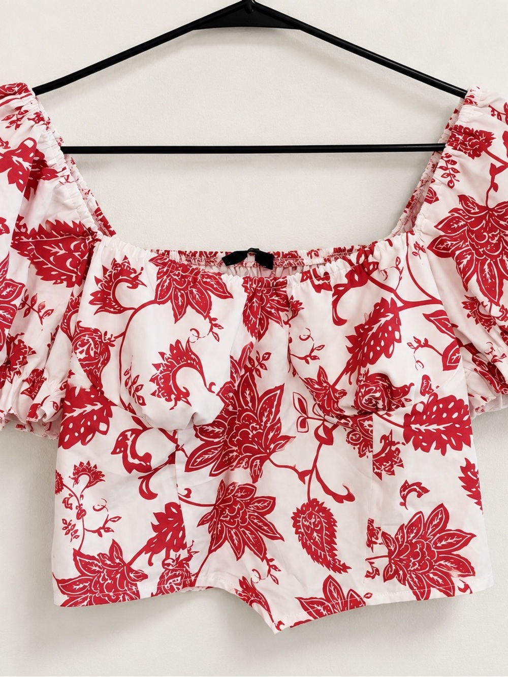 Red Floral Square-Neck Crop Top with Puff Sleeves
